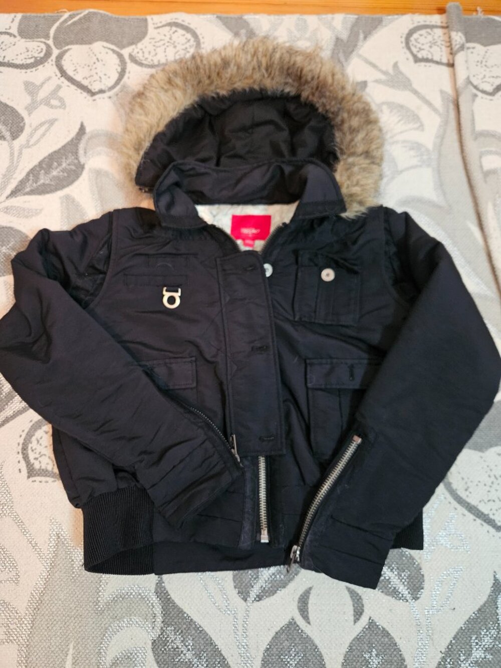 Y2K Mossimo Black Puffer Jacket with Faux Fur Trim Detachable Hood XL